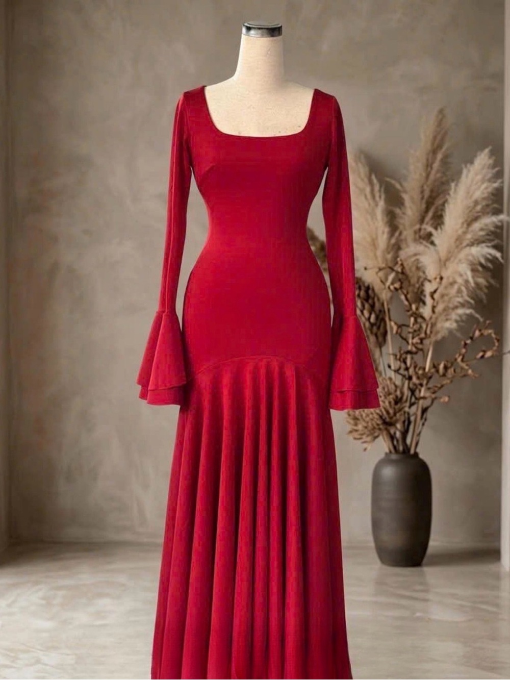 Elegant Long Sleeve Burgundy Maxi Dress